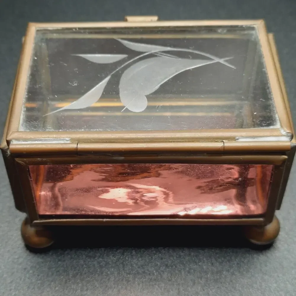 VTG Brass Glass Bird Trinket Box Pink Amethyst Slag Footed Hecho En Mexico